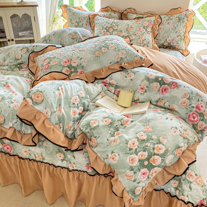 91家纺网 家纺一手货源 找家纺 米柳2025新款水洗棉床盖四件套 花语