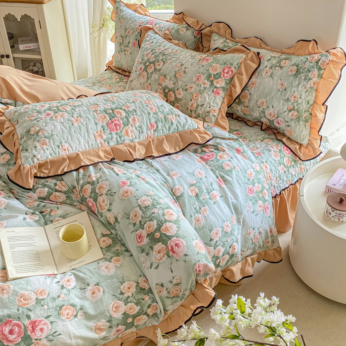 91家纺网 家纺一手货源 找家纺 米柳2025新款水洗棉床盖四件套 花语