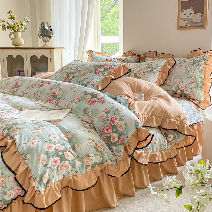 91家纺网 家纺一手货源 找家纺 米柳2025新款水洗棉床盖四件套 花语