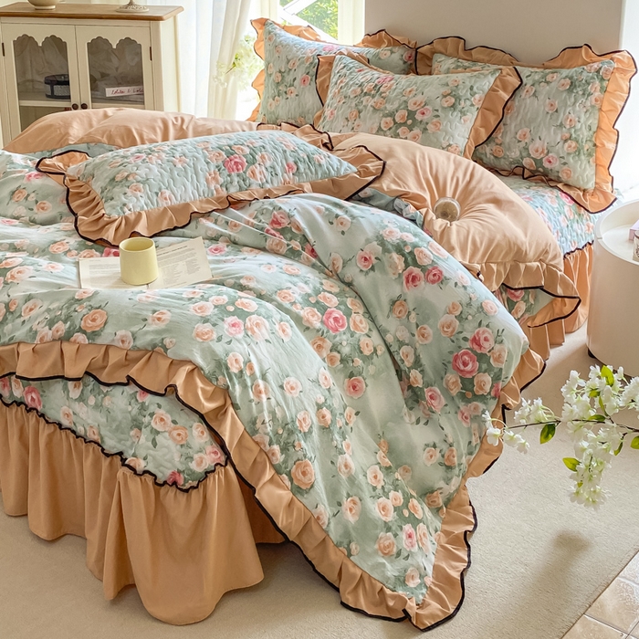 91家纺网 家纺一手货源 找家纺 米柳2025新款水洗棉床盖四件套 花语