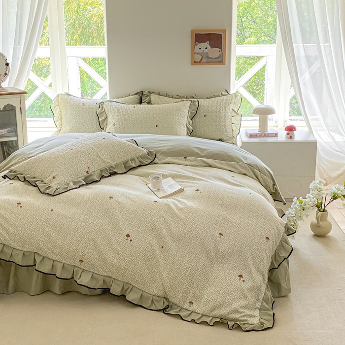 91家纺网 家纺一手货源 找家纺 米柳2025新款水洗棉床盖四件套 蘑菇淘淘