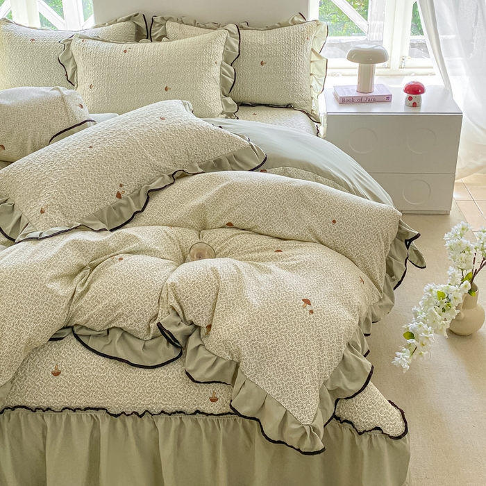 91家纺网 家纺一手货源 找家纺 米柳2025新款水洗棉床盖四件套 蘑菇淘淘