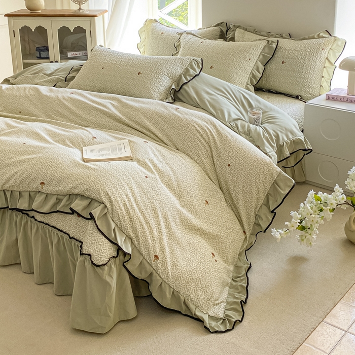 91家纺网 家纺一手货源 找家纺 米柳2025新款水洗棉床盖四件套 蘑菇淘淘