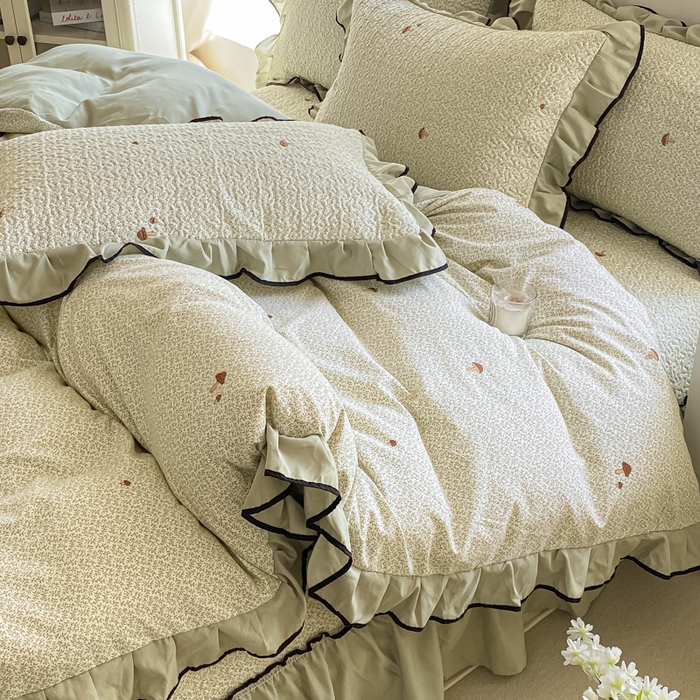 91家纺网 家纺一手货源 找家纺 米柳2025新款水洗棉床盖四件套 蘑菇淘淘