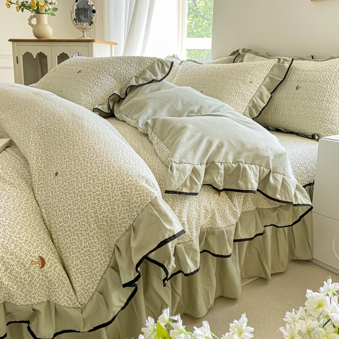 91家纺网 家纺一手货源 找家纺 米柳2025新款水洗棉床盖四件套 蘑菇淘淘