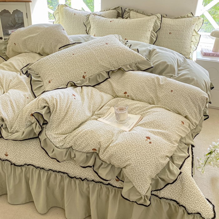 91家纺网 家纺一手货源 找家纺 米柳2025新款水洗棉床盖四件套 蘑菇淘淘