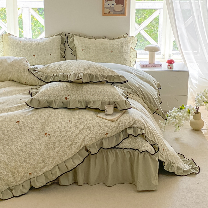 91家纺网 家纺一手货源 找家纺 米柳2025新款水洗棉床盖四件套 蘑菇淘淘