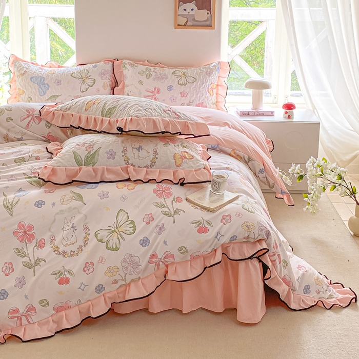 91家纺网 家纺一手货源 找家纺 米柳2025新款水洗棉床盖四件套 茉莉兔