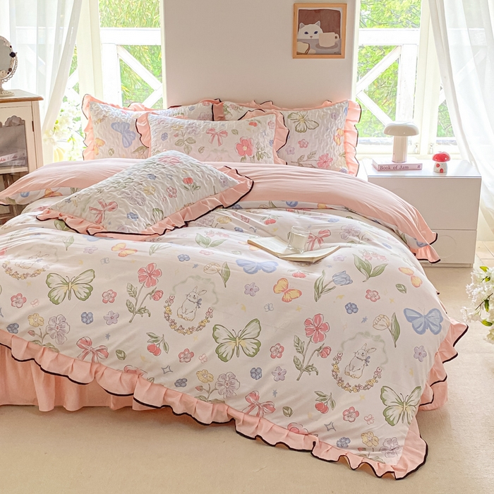 91家纺网 家纺一手货源 找家纺 米柳2025新款水洗棉床盖四件套 茉莉兔