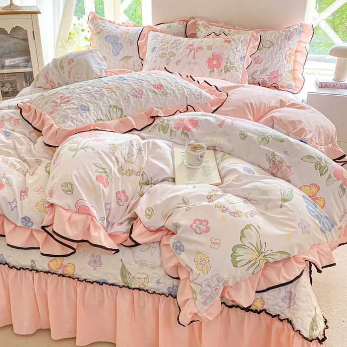 91家纺网 家纺一手货源 找家纺 米柳2025新款水洗棉床盖四件套 茉莉兔