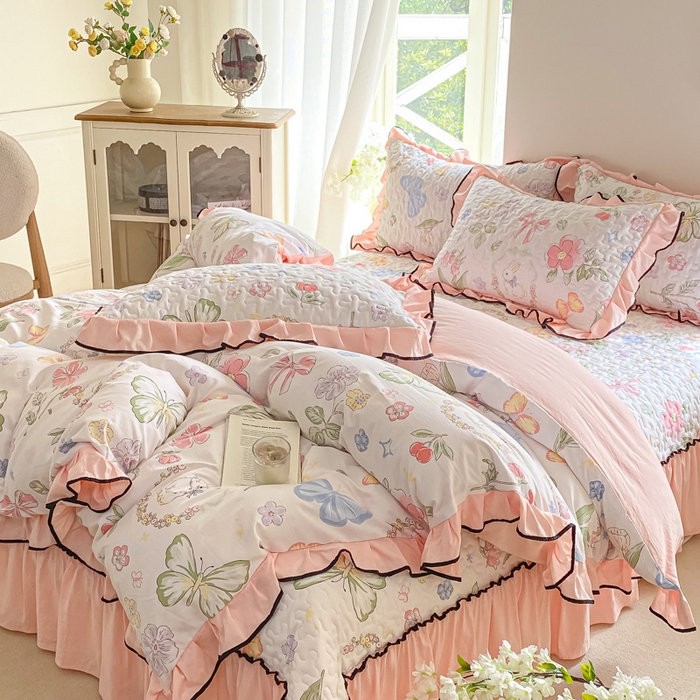 91家纺网 家纺一手货源 找家纺 米柳2025新款水洗棉床盖四件套 茉莉兔