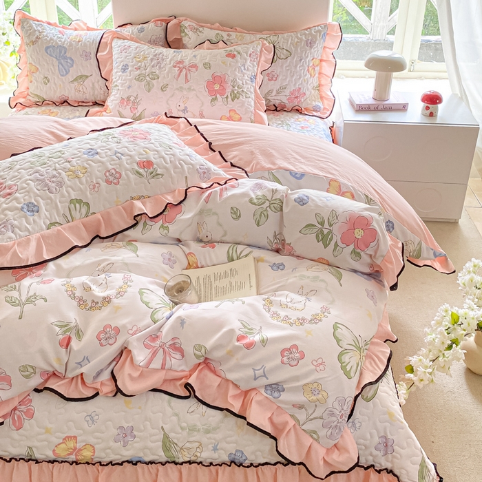 91家纺网 家纺一手货源 找家纺 米柳2025新款水洗棉床盖四件套 茉莉兔