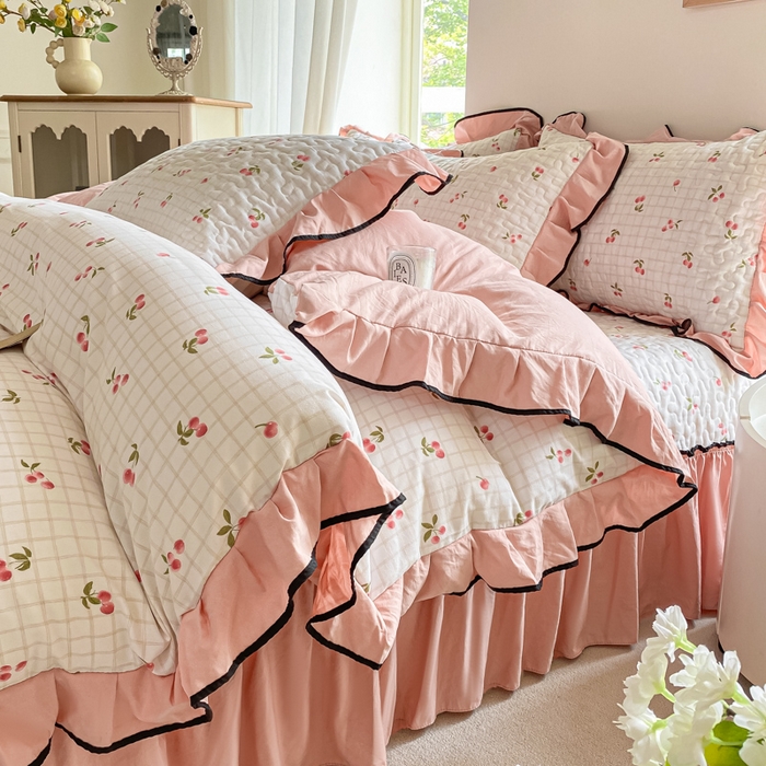 91家纺网 家纺一手货源 找家纺 米柳2025新款水洗棉床盖四件套 樱桃甜心