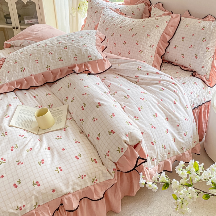 91家纺网 家纺一手货源 找家纺 米柳2025新款水洗棉床盖四件套 樱桃甜心