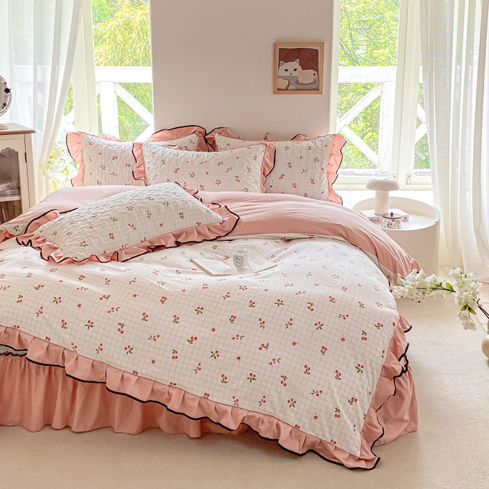 91家纺网 家纺一手货源 找家纺 米柳2025新款水洗棉床盖四件套 樱桃甜心