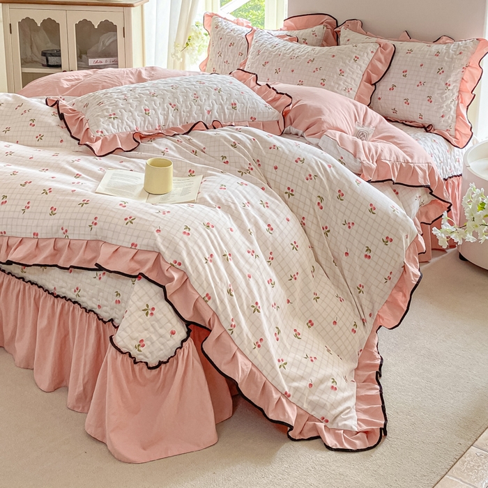 91家纺网 家纺一手货源 找家纺 米柳2025新款水洗棉床盖四件套 樱桃甜心