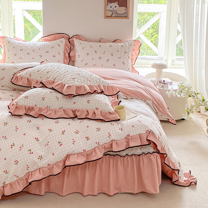 91家纺网 家纺一手货源 找家纺 米柳2025新款水洗棉床盖四件套 樱桃甜心