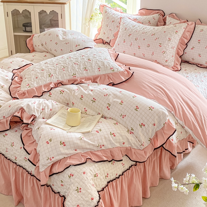 91家纺网 家纺一手货源 找家纺 米柳2025新款水洗棉床盖四件套 樱桃甜心
