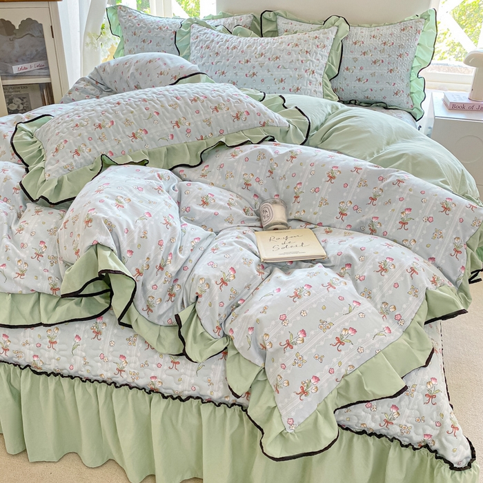 91家纺网 家纺一手货源 找家纺 米柳2025新款水洗棉床盖四件套 云梦花都