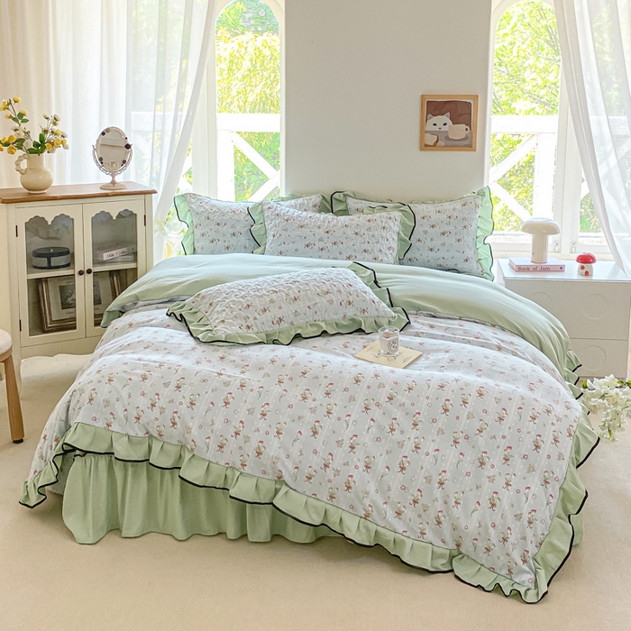 米柳2025新款水洗棉床盖四件套 云梦花都