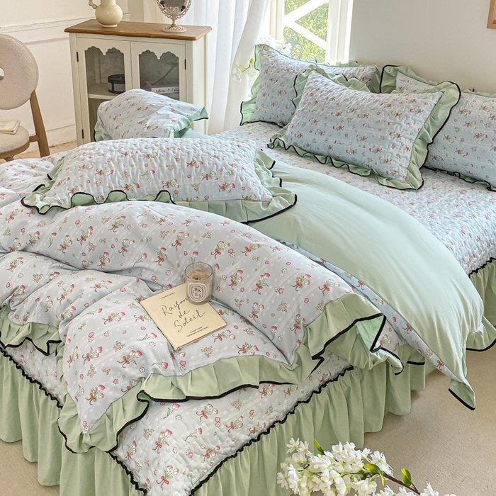 91家纺网 家纺一手货源 找家纺 米柳2025新款水洗棉床盖四件套 云梦花都