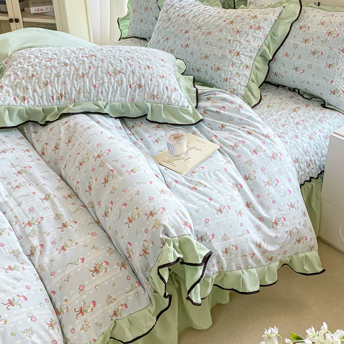 91家纺网 家纺一手货源 找家纺 米柳2025新款水洗棉床盖四件套 云梦花都