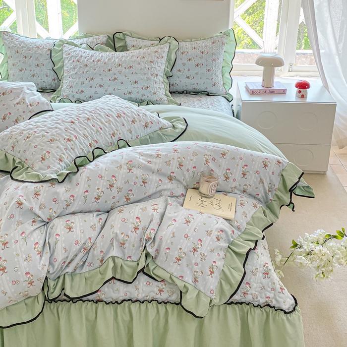 91家纺网 家纺一手货源 找家纺 米柳2025新款水洗棉床盖四件套 云梦花都