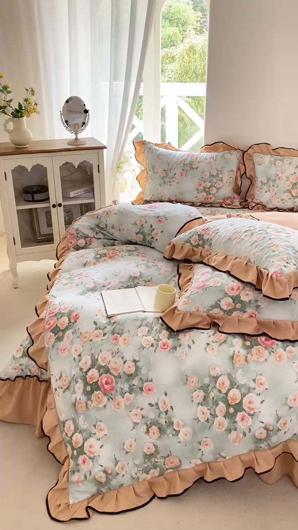 91家纺网 家纺一手货源 找家纺 米柳2025新款水洗棉床盖四件套 花语