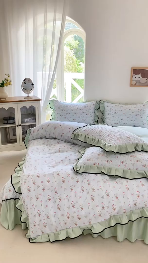 91家纺网 家纺一手货源 找家纺 米柳2025新款水洗棉床盖四件套 山奈