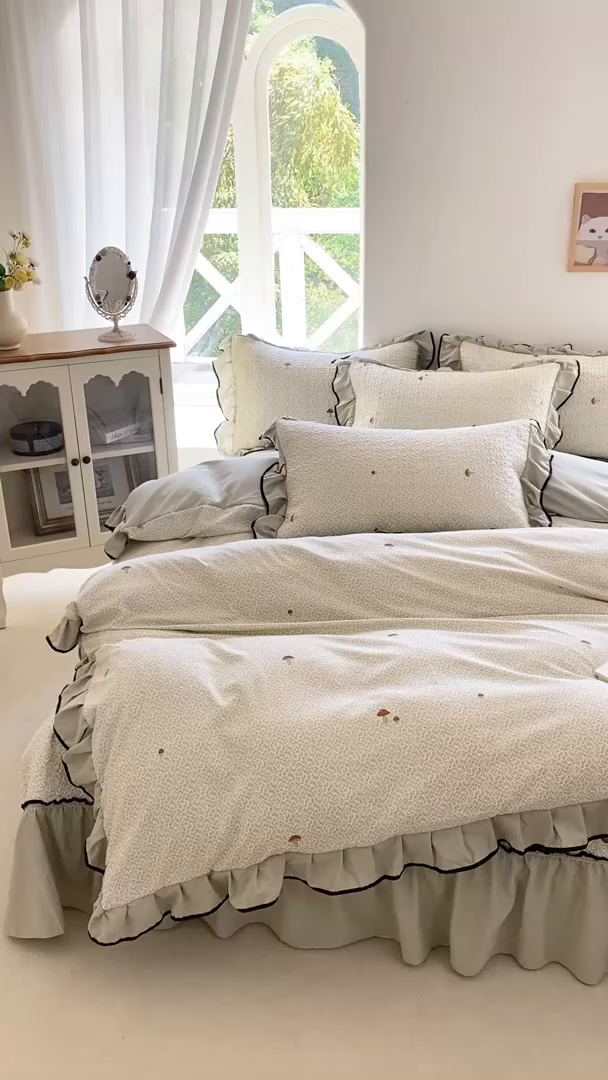 91家纺网 家纺一手货源 找家纺 米柳2025新款水洗棉床盖四件套 蘑菇淘淘