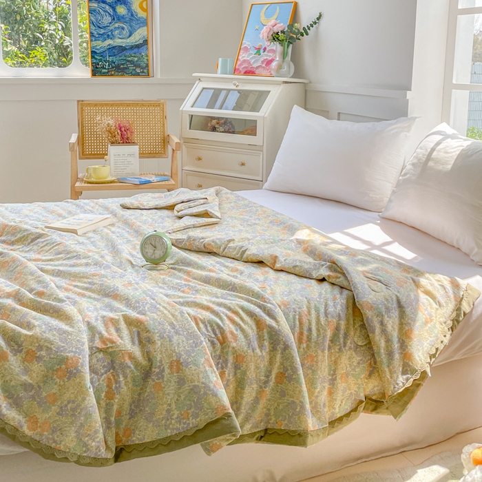 91家纺网 家纺一手货源 找家纺 2025新款全棉60支单层纱花边夏被 彩色