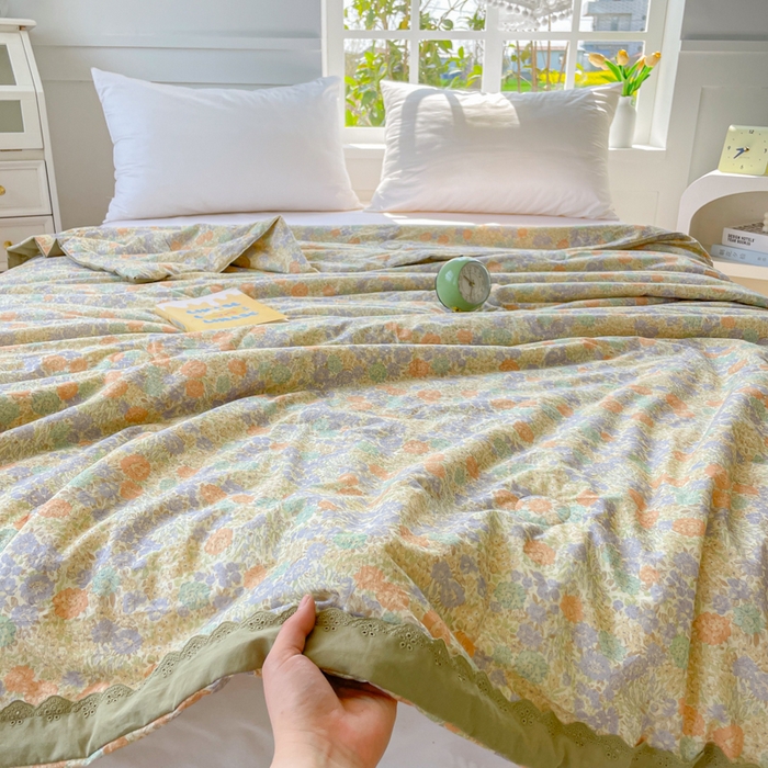 91家纺网 家纺一手货源 找家纺 2025新款全棉60支单层纱花边夏被 彩色