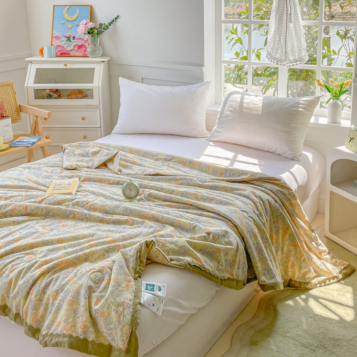 91家纺网 家纺一手货源 找家纺 2025新款全棉60支单层纱花边夏被 彩色