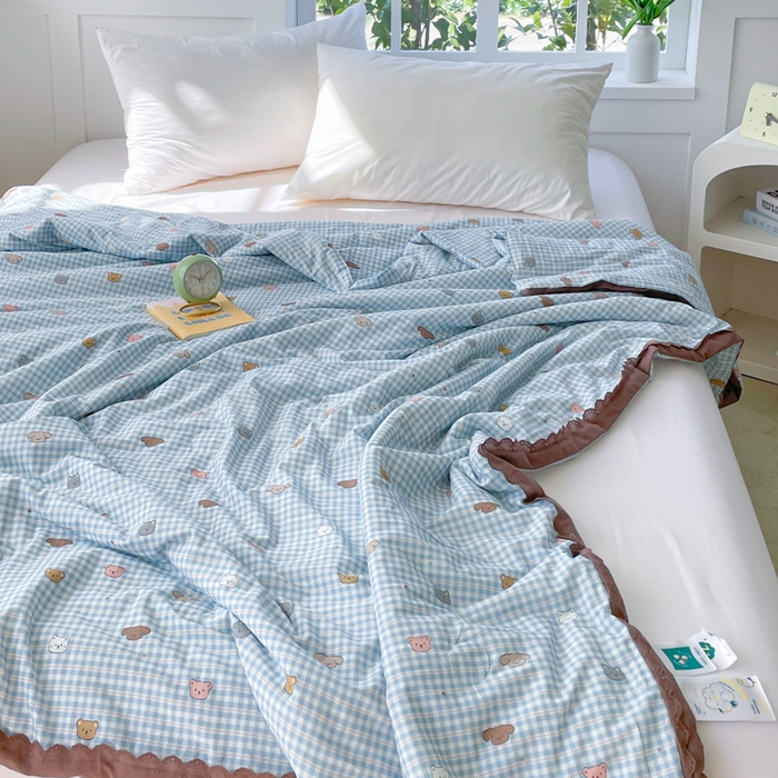 2025新款全棉60支单层纱花边夏被 蓝格猫