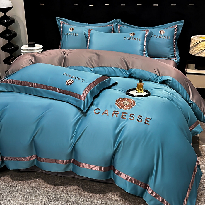 91家纺网 家纺一手货源 找家纺 妮恒美家纺 2025新款A版水洗真丝天丝B版纯棉刺绣绣花四件套全棉被套床单床笠款四件套 梦恋-宝石蓝