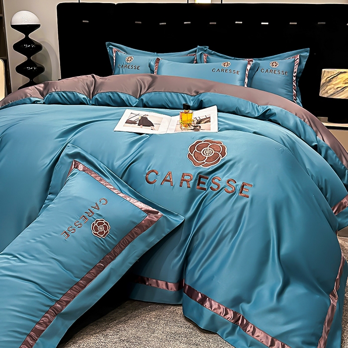 91家纺网 家纺一手货源 找家纺 妮恒美家纺 2025新款A版水洗真丝天丝B版纯棉刺绣绣花四件套全棉被套床单床笠款四件套 梦恋-宝石蓝