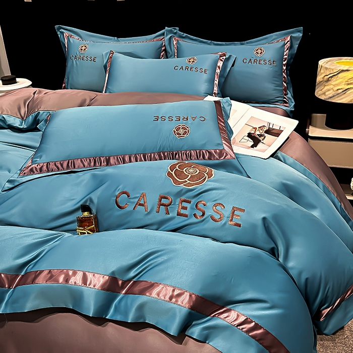 91家纺网 家纺一手货源 找家纺 妮恒美家纺 2025新款A版水洗真丝天丝B版纯棉刺绣绣花四件套全棉被套床单床笠款四件套 梦恋-宝石蓝