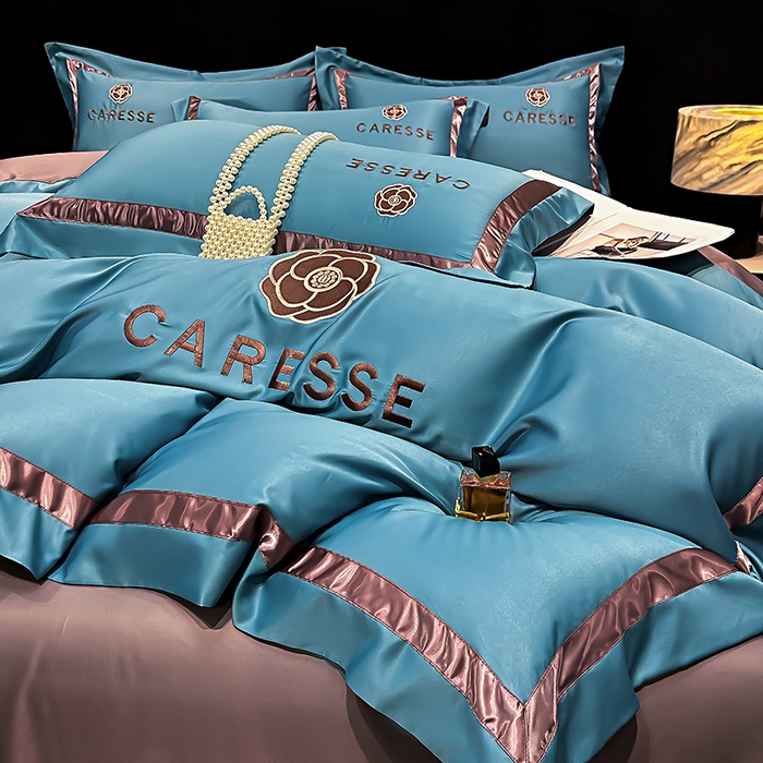 91家纺网 家纺一手货源 找家纺 妮恒美家纺 2025新款A版水洗真丝天丝B版纯棉刺绣绣花四件套全棉被套床单床笠款四件套 梦恋-宝石蓝