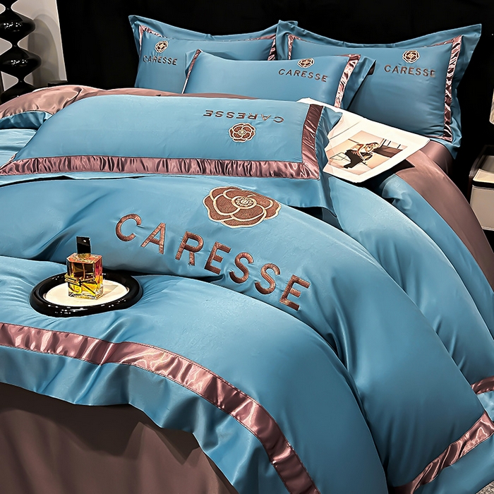 91家纺网 家纺一手货源 找家纺 妮恒美家纺 2025新款A版水洗真丝天丝B版纯棉刺绣绣花四件套全棉被套床单床笠款四件套 梦恋-宝石蓝