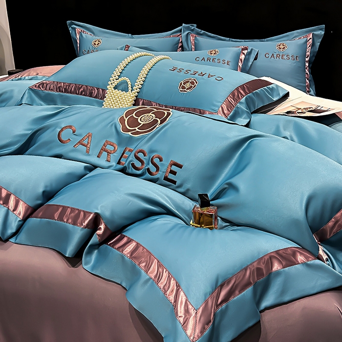 91家纺网 家纺一手货源 找家纺 妮恒美家纺 2025新款A版水洗真丝天丝B版纯棉刺绣绣花四件套全棉被套床单床笠款四件套 梦恋-宝石蓝