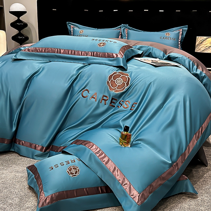 91家纺网 家纺一手货源 找家纺 妮恒美家纺 2025新款A版水洗真丝天丝B版纯棉刺绣绣花四件套全棉被套床单床笠款四件套 梦恋-宝石蓝