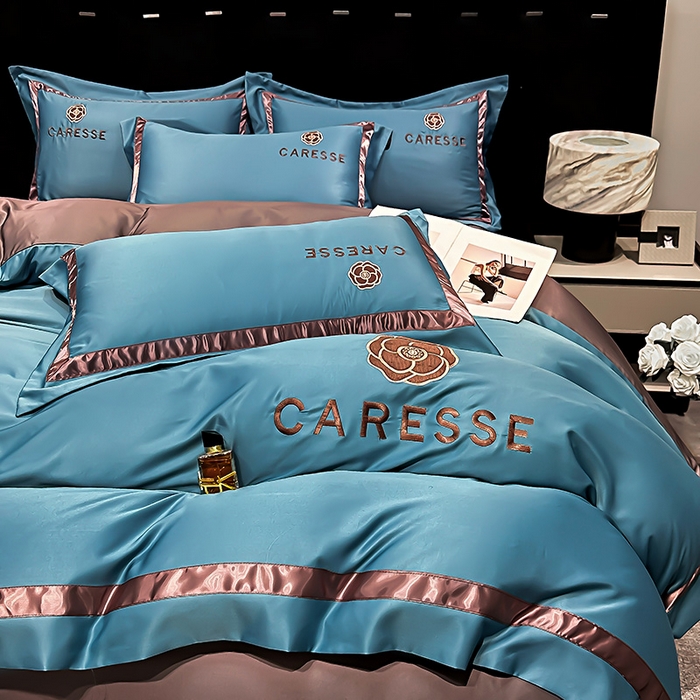 91家纺网 家纺一手货源 找家纺 妮恒美家纺 2025新款A版水洗真丝天丝B版纯棉刺绣绣花四件套全棉被套床单床笠款四件套 梦恋-宝石蓝