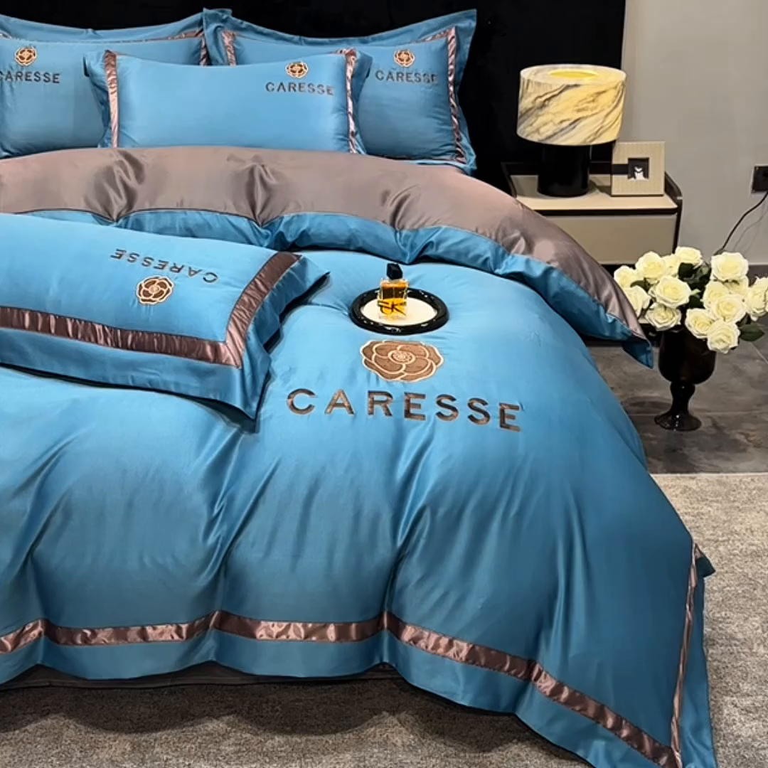 91家纺网 家纺一手货源 找家纺 妮恒美家纺 2025新款A版水洗真丝天丝B版纯棉刺绣绣花四件套全棉被套床单床笠款四件套 梦恋-宝石蓝