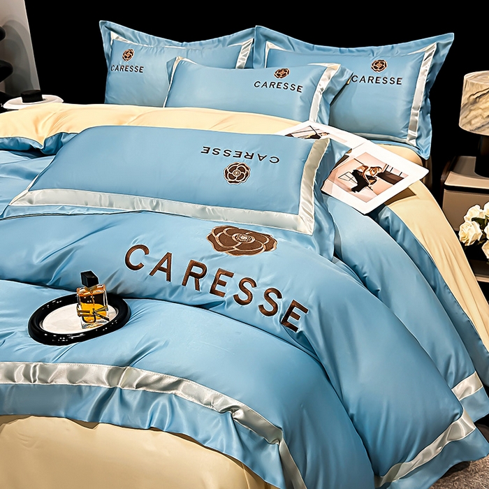 91家纺网 家纺一手货源 找家纺 妮恒美家纺 2025新款A版水洗真丝天丝B版纯棉刺绣绣花四件套全棉被套床单床笠款四件套 梦恋-宾利蓝＋白奶咖