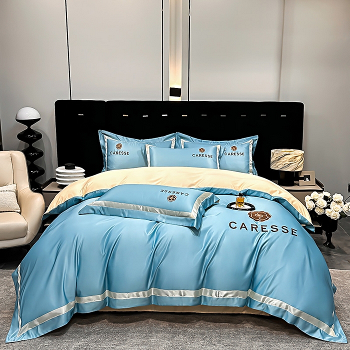 91家纺网 家纺一手货源 找家纺 妮恒美家纺 2025新款A版水洗真丝天丝B版纯棉刺绣绣花四件套全棉被套床单床笠款四件套 梦恋-宾利蓝＋白奶咖