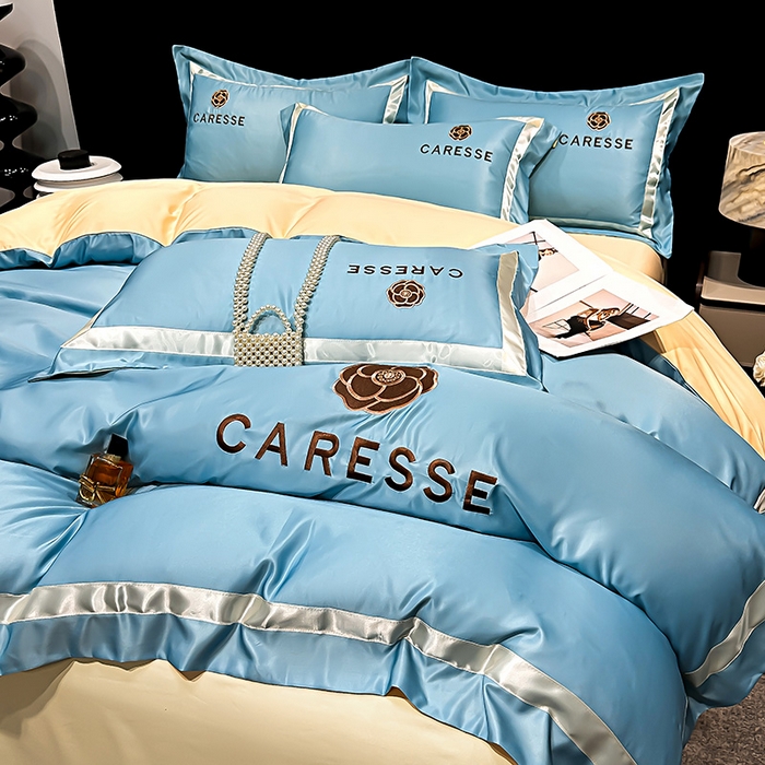 91家纺网 家纺一手货源 找家纺 妮恒美家纺 2025新款A版水洗真丝天丝B版纯棉刺绣绣花四件套全棉被套床单床笠款四件套 梦恋-宾利蓝＋白奶咖