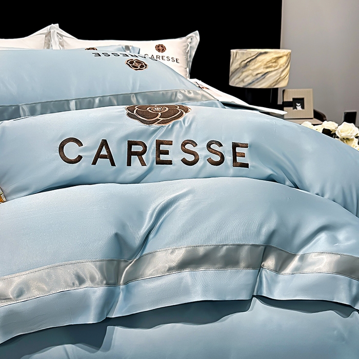 91家纺网 家纺一手货源 找家纺 妮恒美家纺 2025新款A版水洗真丝天丝B版纯棉刺绣绣花四件套全棉被套床单床笠款四件套 梦恋-海蓝灰