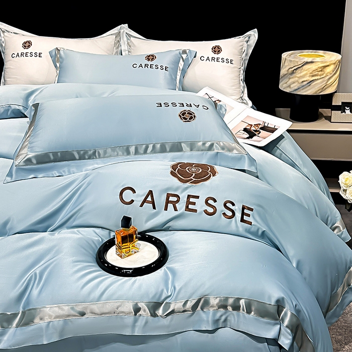 91家纺网 家纺一手货源 找家纺 妮恒美家纺 2025新款A版水洗真丝天丝B版纯棉刺绣绣花四件套全棉被套床单床笠款四件套 梦恋-海蓝灰