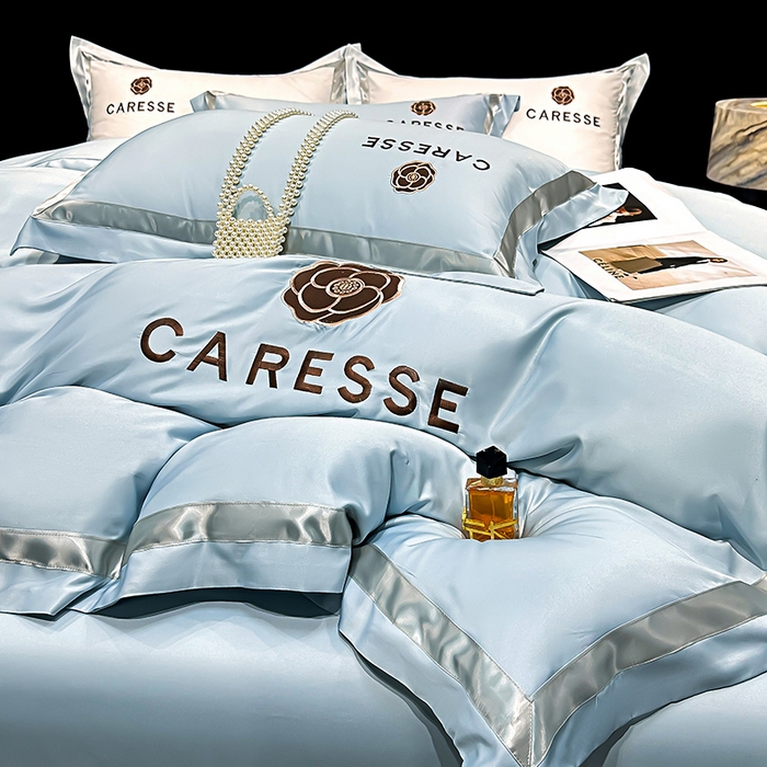 91家纺网 家纺一手货源 找家纺 妮恒美家纺 2025新款A版水洗真丝天丝B版纯棉刺绣绣花四件套全棉被套床单床笠款四件套 梦恋-海蓝灰