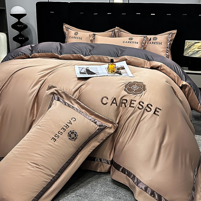 91家纺网 家纺一手货源 找家纺 妮恒美家纺 2025新款A版水洗真丝天丝B版纯棉刺绣绣花四件套全棉被套床单床笠款四件套 梦恋-金驼